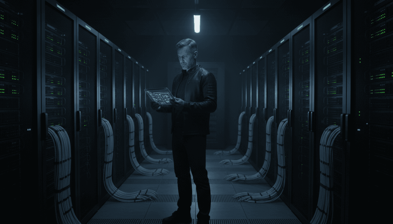 IT architect reviewing system architecture in a modern server room