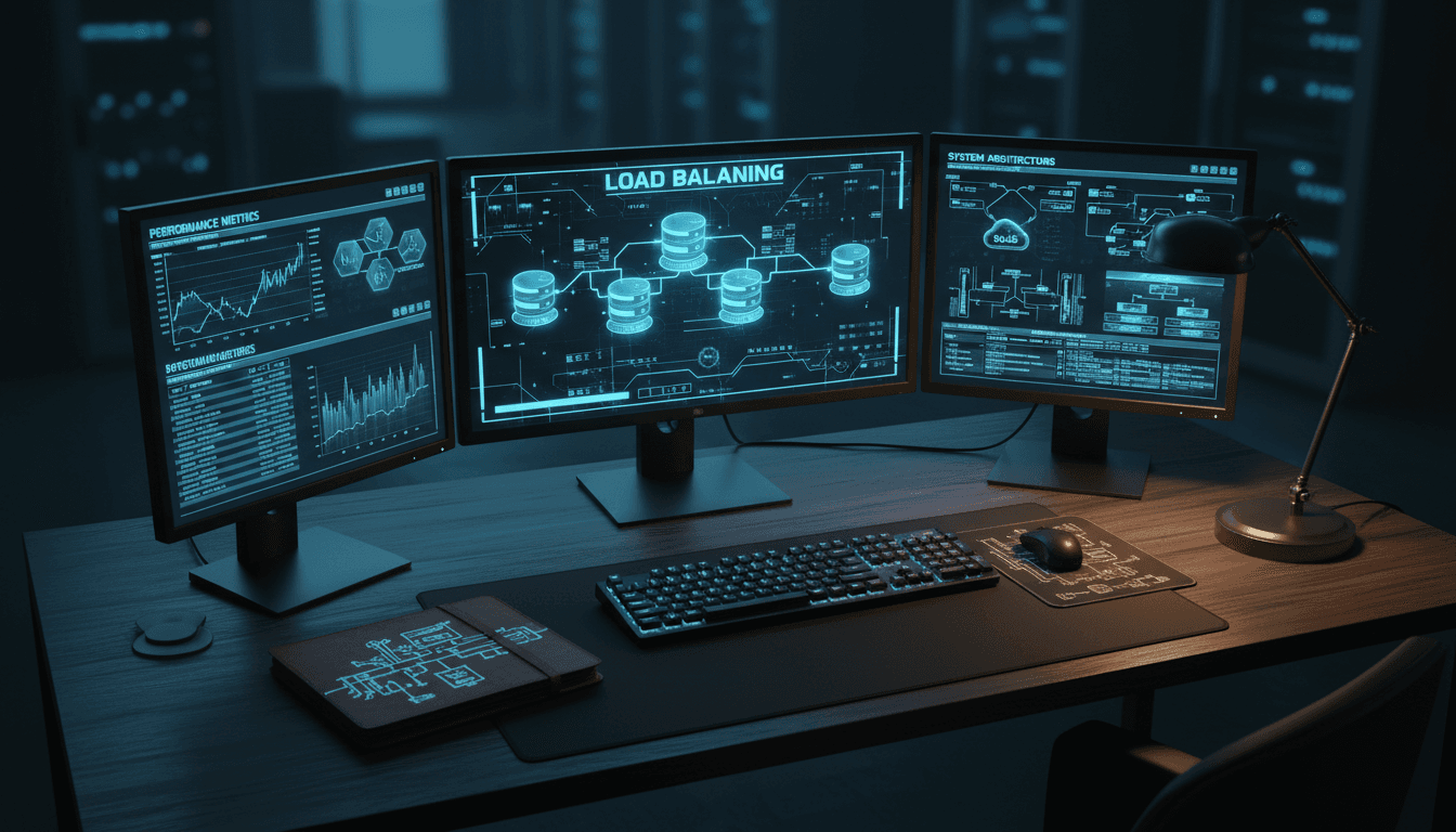 IT consulting workspace with system architecture diagrams on multiple monitors