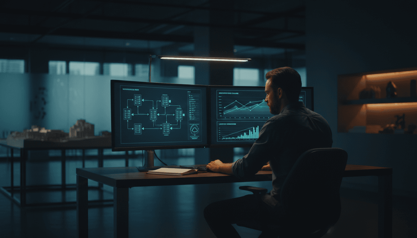 IT architect reviewing system architecture diagrams on dual monitors
